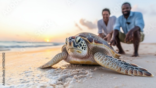 Conservationists tagging sea turtles on a beach conservation efforts marine environment nature perspective photo