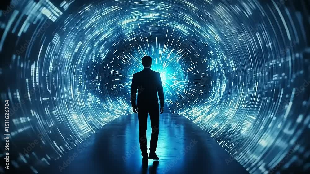 A silhouetted figure stands in a futuristic tunnel of light, symbolizing exploration and innovation