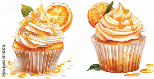 Orange Cupcakes Vector Illustration, Isolated on White Background.