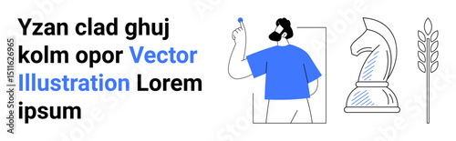 Man holding a small object, abstract chess knight, wheat stalk conveying growth, strategy, mindfulness. Ideal for education, creativity, agriculture, team strategy self-improvement business