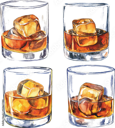 Glass of cognac, scotch or whiskey with ice isolated on white background. Hand drawn watercolor illustration vector
