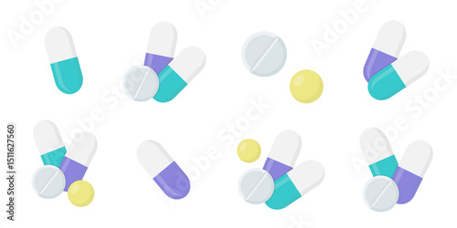 Set of flat vector illustrations with pills, capsules, tablets, and vitamins in pastel colors. Isolated on white background.