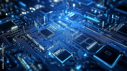 Futuristic blue digital circuit board background with glowing data lines and abstract computer technology interface elements for innovation and high-tech themes




