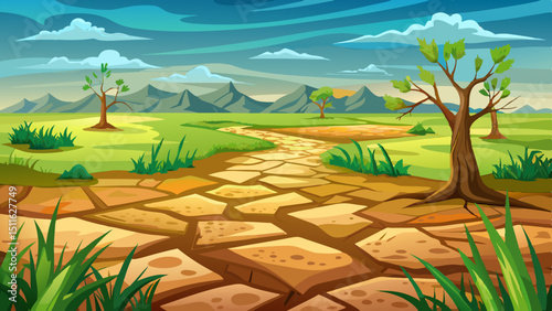 Parched earth meeting verdant grass, revealing stark agricultural landscape suffering from prolonged water scarcity beneath gloomy sky
