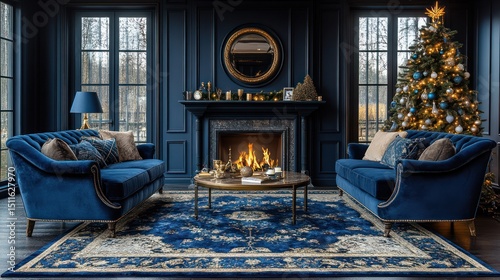 Luxurious Christmas living room with fireplace and blue furniture photo
