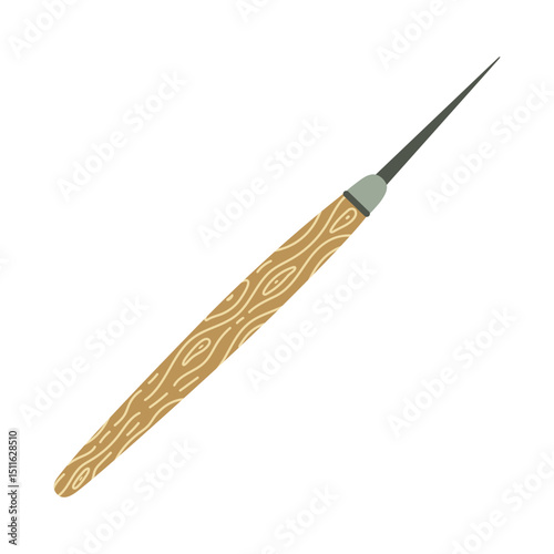 Awl vector icon. Tool with wooden texture, sharp metal needle for shaping clay, leather and fabric processing. Equipment for sculpture, carpentry, sewing, leatherwork. Hobby device. Flat clipart