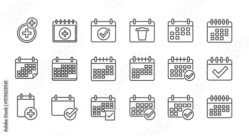 Calendar Icons Add, Edit, Delete, Check, Schedule, Vector Line Art