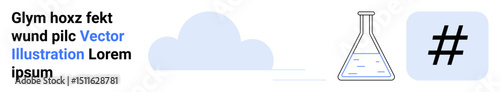 Blue cloud, laboratory flask with liquid, and metadata tag symbol for technology, data, science, creativity. Ideal for branding, content strategy, tech tools education social media analysis