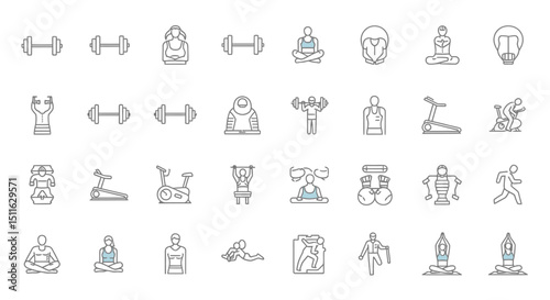 Gym icons, set of line icons, icon sheet. Editable strokes