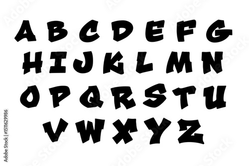 Graffiti straight letter alphabet A to Z in bold black vector style on transparent background. Clean urban design perfect for street art, hip hop culture, posters, and digital lettering projects.
