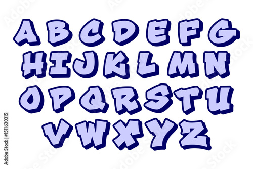 Graffiti straight letter alphabet A to Z in purple tones with light purple fill and dark purple outline on transparent background. Perfect for street art, urban design, and digital hip hop projects.