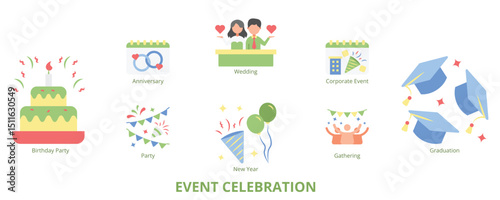 Event Celebration Flat Banner Web Icon Set Vector Illustration, Party Gathering Wedding Anniversary Graduation New Year Birthday Party Corporate Event