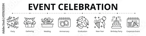 Event Celebration Line Banner Web Icon Set Vector Illustration, Party Gathering Wedding Anniversary Graduation New Year Birthday Party Corporate Event