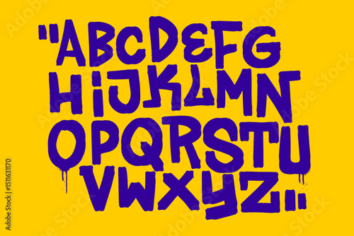 Graffiti handstyle alphabet A to Z in purple chisel tip marker style on yellow background. Urban vector design perfect for street art, hip hop graphics, and bold expressive lettering projects.