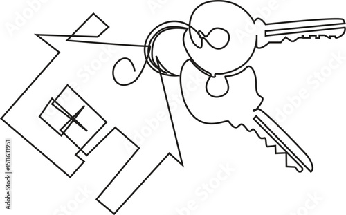 continuous line art drawing of a house with a key, Set of keys against white background, Continuous one line art drawing symbol of house keys, Real Estate Line Icon Vector Design.