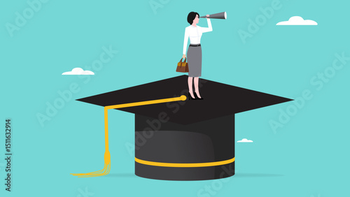 higher education opportunity, see business opportunity with higher education, woman standing on graduation cap looking for business opportunities using binoculars