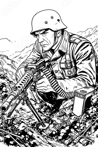 Black and White Ink Illustration of WWII German Soldier with MG42 Machine Gun on Battlefield – Vintage War Scene Line Art

