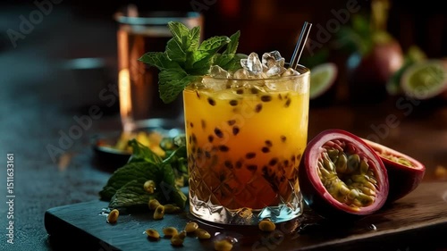 Exotic passion fruit cocktail with ice and mint garnish on dark wood cutting board surrounded by fresh tropical fruits