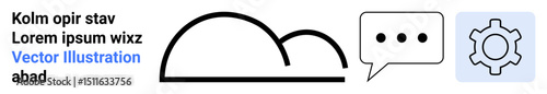 Cloud outline next to speech bubble with three dots and gear icon. Ideal for technology, teamwork, communication, cloud computing, digital tools, software, simple landing page