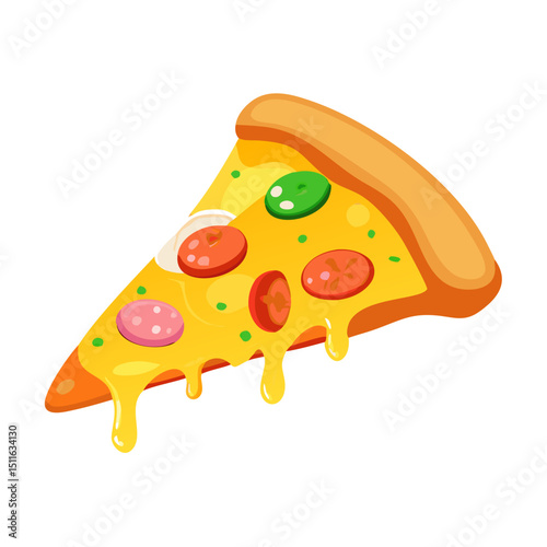 Vector illustration of a slice of cheese pizza with melting toppings on white background