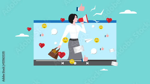 online video marketing, product advertisements or video content from influencer, live stream on online marketplace to promote brand or product, confidence woman streamer on video media player