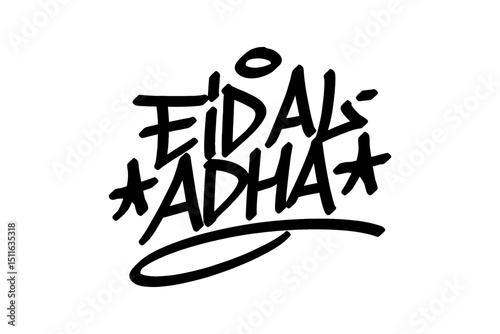 Black graffiti text “Eid al-Adha” in bold throw-up style on transparent background. Urban Islamic art for Qurban season, Muslim celebration, and edgy street-style Eid design projects.