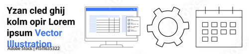 Computer screen displaying data, gear symbolizing settings, and calendar indicating scheduling. Ideal for workflow, organization, productivity, planning, management, time tracking simple landing