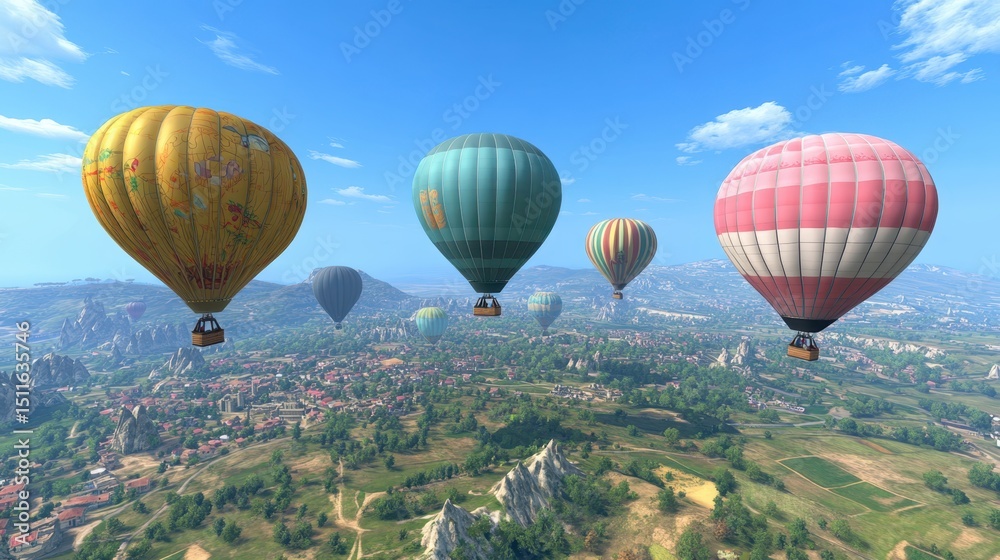 Fototapeta premium Colorful Hot Air Balloons Ascending Over Serene Cappadocia Landscape.