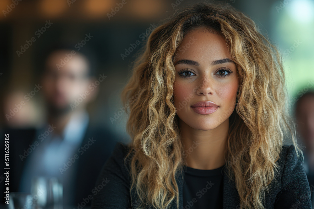 Obraz premium Woman with long blonde hair wearing a black jacket.