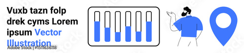 Bar chart with fluctuating data, man pointing at details, and location pin symbolizing data analysis, progress tracking, and localization. Ideal for business, growth, trends, mapping statistics