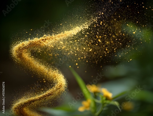 Pollen dust swirling into miniature floral silhouette captures ethereal spring beauty in intricate airborne patterns
