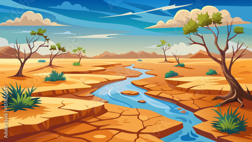 Drought-stricken riverbed in outback Australia, showing cracked earth and sparse vegetation under a clear sky; illustrating climate change impact