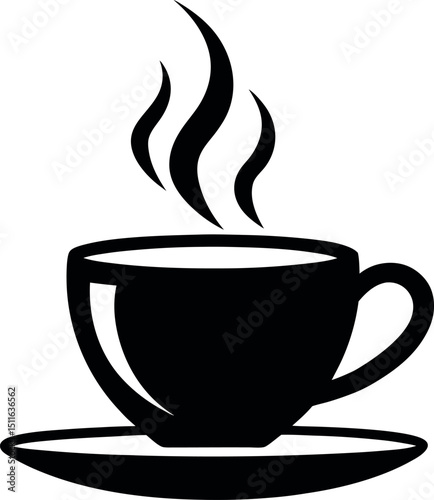 Steaming Hot Coffee Cup Icon - Black and White Silhouette of Coffee Mug with Rising Steam on Saucer for Cafe Menus, Beverage Branding, Espresso, Latte, Cappuccino, Americano, Java, and Roasted Brew
