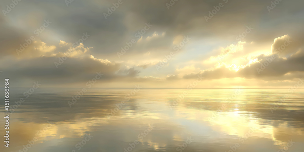 Fototapeta premium Golden sunrise over calm water with soft clouds reflection, peaceful landscape background