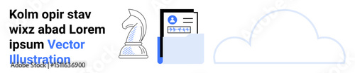 Chess knight, file folder holding a profile document, cloud outline symbolize strategy, organization, data storage. Ideal for business planning, decision-making, cloud services, data sharing file