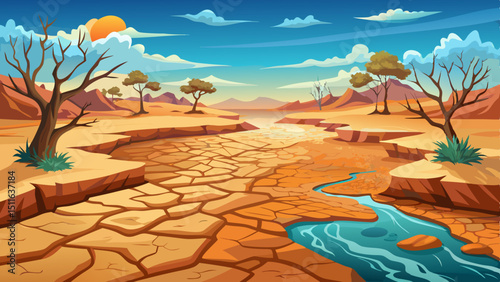 Drought-stricken riverbed in outback Australia, showing cracked earth and sparse vegetation under a clear sky; illustrating climate change impact