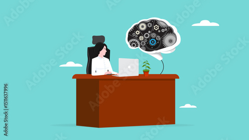 woman working using laptop with AI brain at work desk concept vector illustration, artificial intelligence with future of the work, work with AI technology