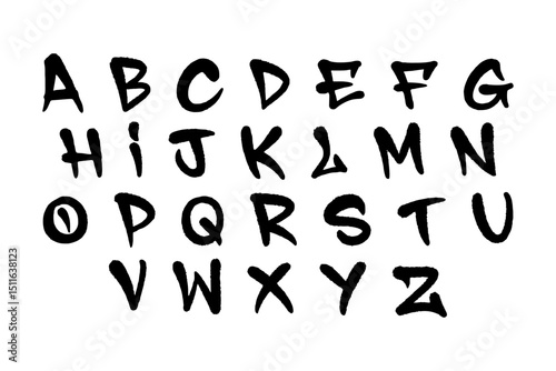 Graffiti tag alphabet A to Z in bold black spray paint style on transparent background. Vector street art lettering perfect for urban culture, hip hop design, and edgy graffiti-inspired projects.