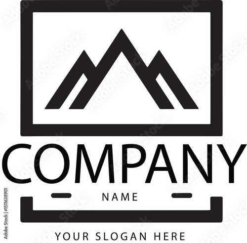 A minimalist black and white logo features a stylized mountain range within a rectangular frame with  company name  centered below and  your slogan here  at the very bottom