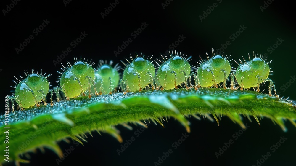 Fototapeta premium Close-up of tiny, green insects on dewy leaf edge, dark background