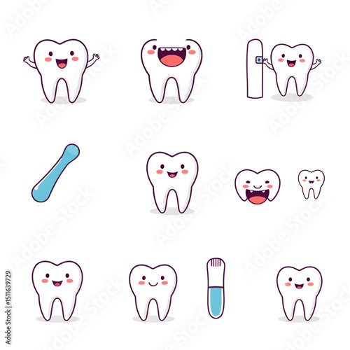 Cute cartoon tooth vector set. Baby teeth health and hygiene icons