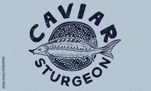 Fish t shirt design. Sturgeon fish artwork for t shirt print, poster, sticker and other uses. Caviar tin vintage artwork. 