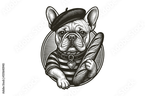 French bulldog with baguette engraving style vector illustration

