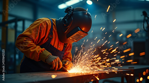 A welder in a protective suit and helmet works intensely in an industrial workshop, surrounded by bright orange sparks flying from the metal.