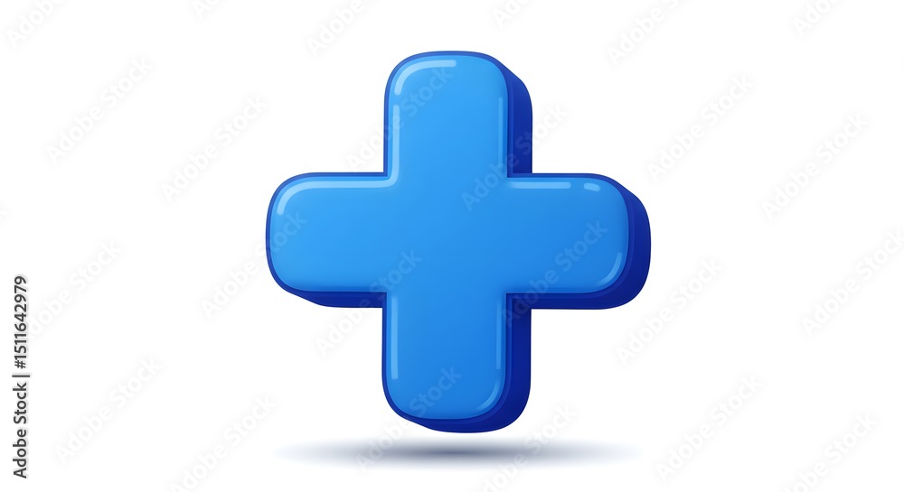 Fototapeta premium A single blue plus sign with rounded edges on a plain white background studio shot