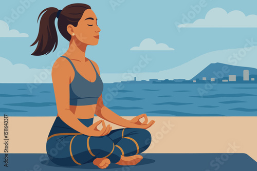 The image is a digital illustration of a young woman practicing meditation by the seaside. She is sitting cross-legged on a yoga mat, wearing a matching athletic outfit consisting of a dark blue
