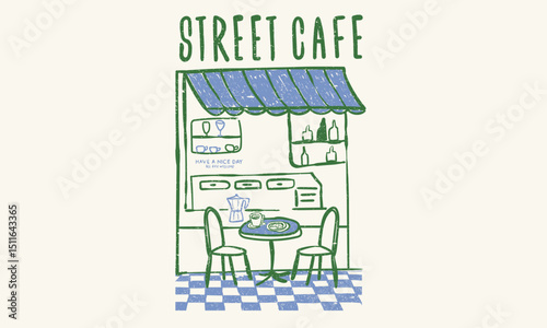 Street cafe graphic print design for t shirt, apparel, posters, background and others. Cafe abstract art design.