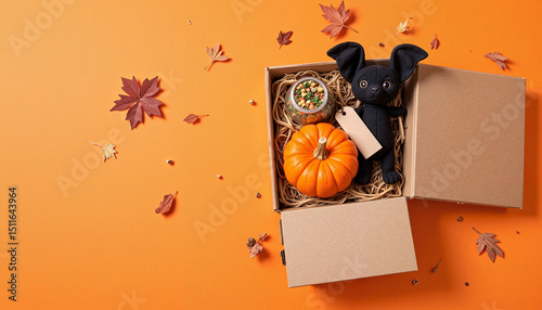 Halloween gift box with pumpkin and bat toy on orange background