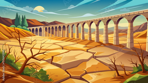 landscape of dry earth ground and viaduct, extreme drought in Entrepenas reservoir, in Guadalajara, Castilla, Spain Europe