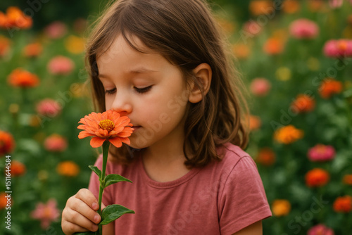 Little girl smelling a flower in a field.